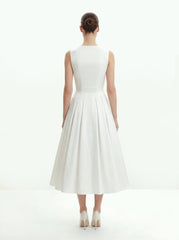 Front V-Neck Pleated Midi Dress - White