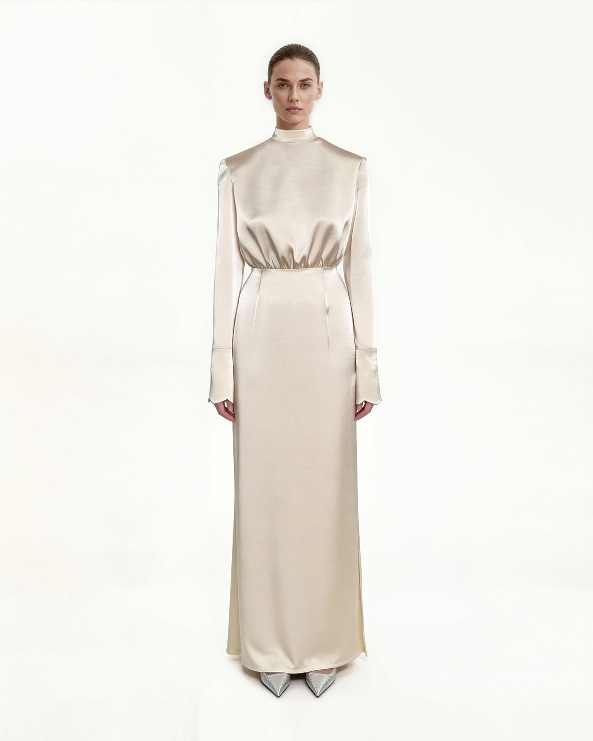 Structured shoulder design satin high-neck fitted midi dress - Cream