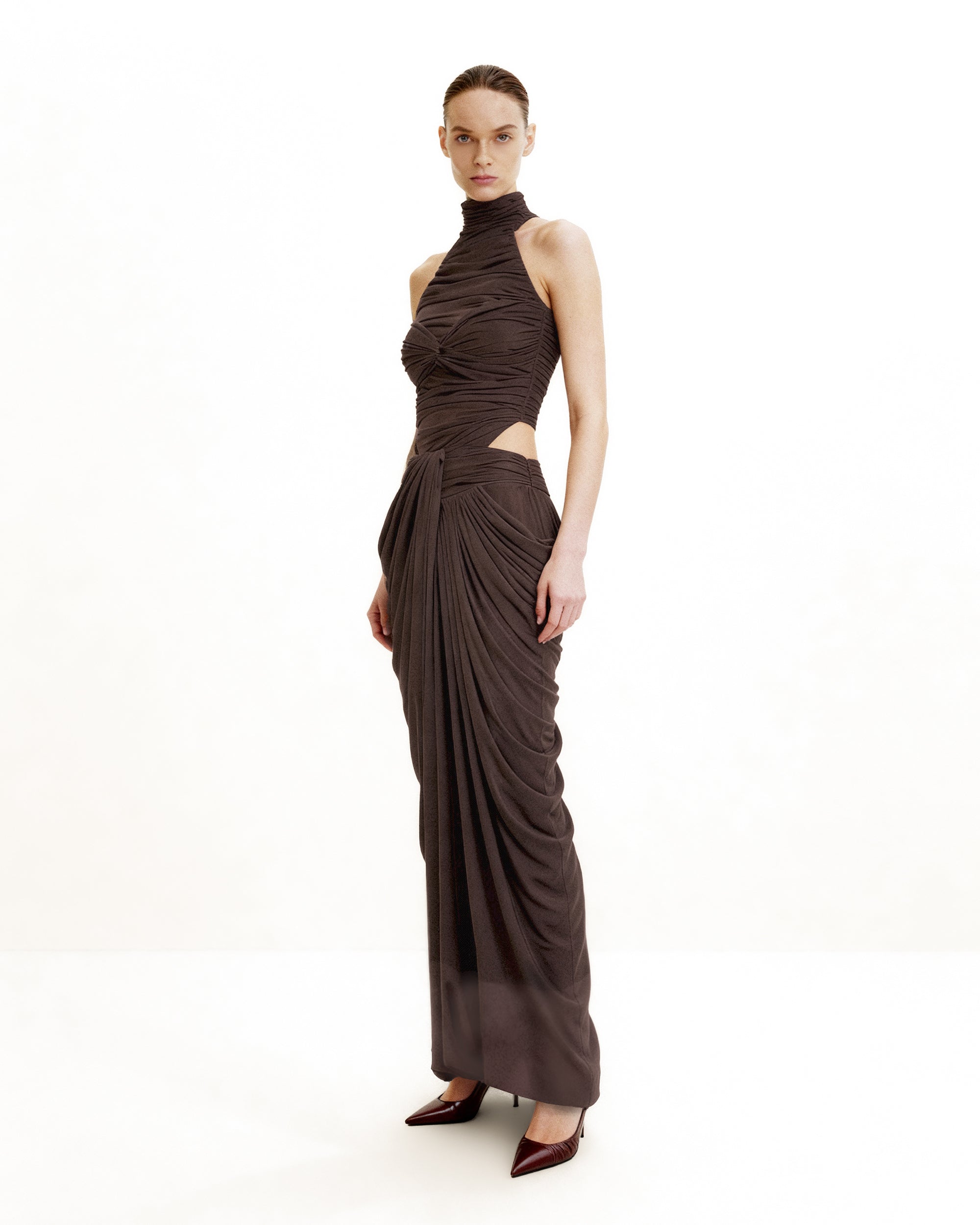 Ruched Twist-Front Halter Bodysuit - Brown