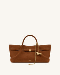 Maeve Dachshund Metal Charm Faux Suede Tote Bag - Brown