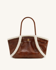 Hana Medium Faux Shearling Trim Tote Bag - Brown